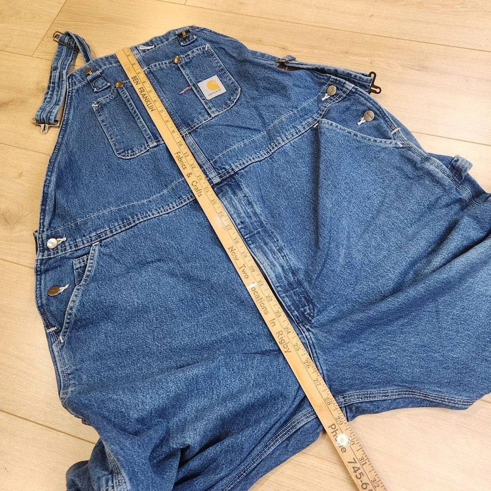Carhartt Overalls Mens 46x30 Blue Denim Bib Workwear Utility Pockets Carpenter